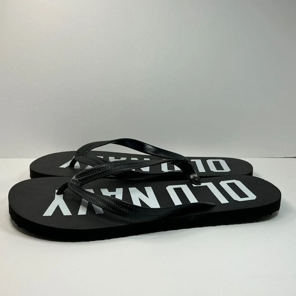 Old Navy Mens Flip Flops Black Jack‎ Print Logo Sandals 12-13 Band New